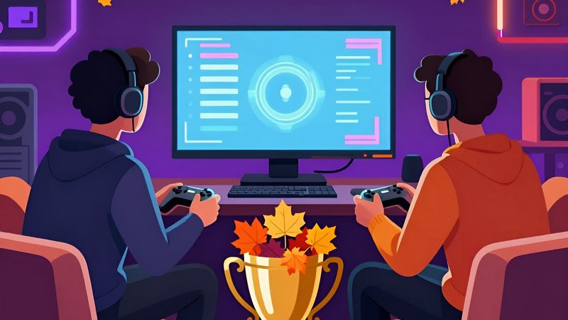 Геймеры с контроллерами и кубком с листьями в рейтинге сетевых файтингов в октябре 2026