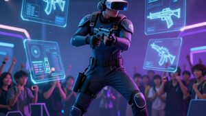 Киберспортсмен в тактическом костюме и VR-визоре на арене будущего, отражающий тренды соревновательных шутеров 2026 года
